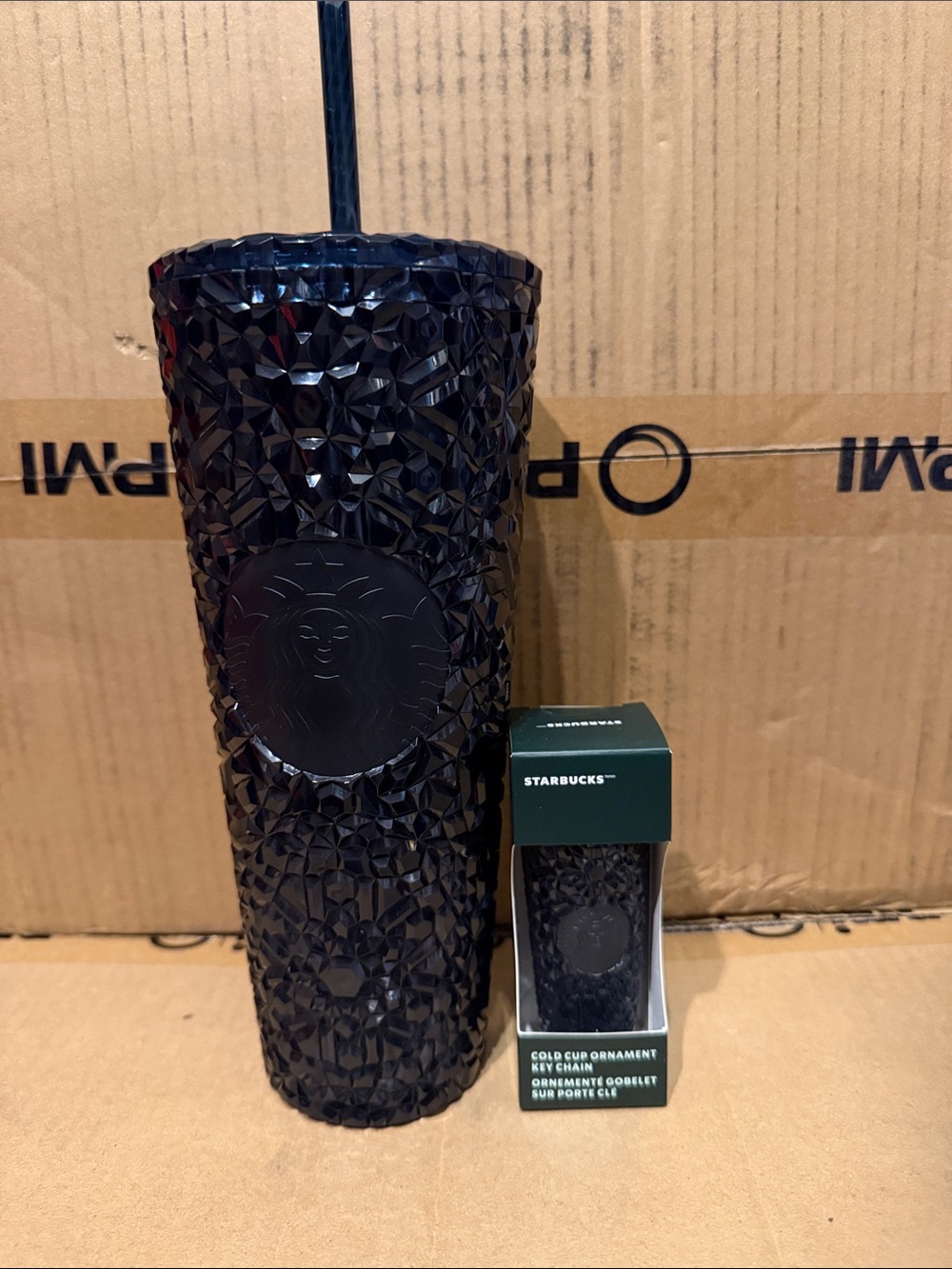 Set - Starbucks Black Faceted Cold Cup Tumbler with Matching Ornament